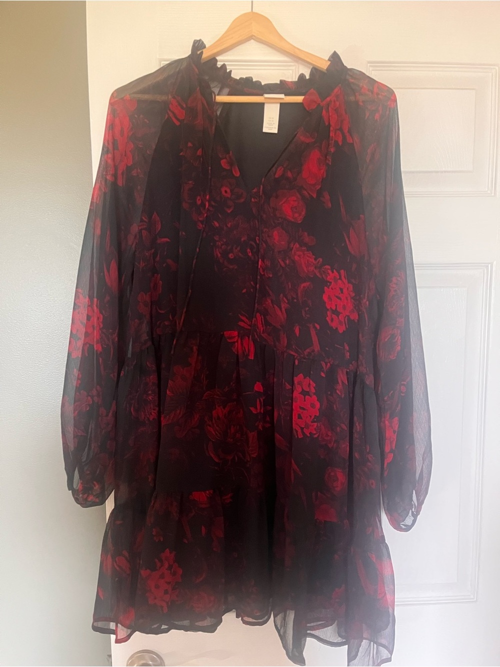 H&M Black Dress with Red Floral Print Long-Sleeve Tiered Dress
